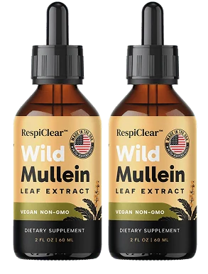Two bottles of RespiClear Wild Mullein Leaf Extract liquid supplement